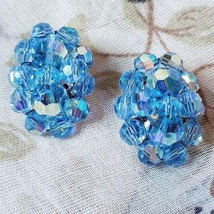 Vintage Aurora Borealis Blue Oval Crystal Clip On Earrings Wired On Unsigned